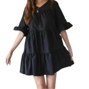 EMMA Knudsen Black Babydoll Mini Shift Dress Ruffles Relax Fit 1/2 Sleeve Sz XS